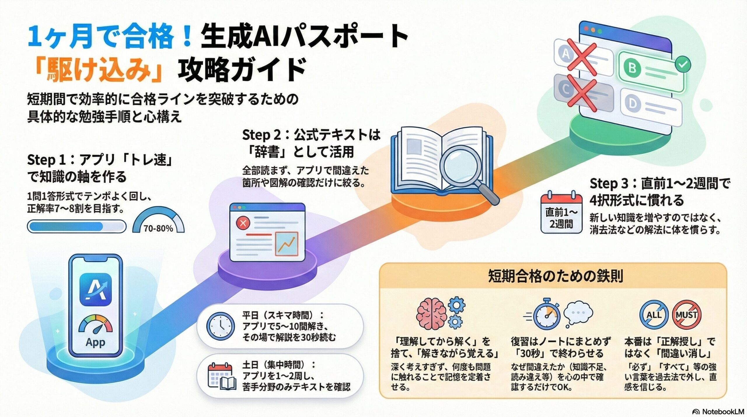 生成AIパスポート試験を短期間で受験するための、勉強の進め方を3段階でまとめた解説図