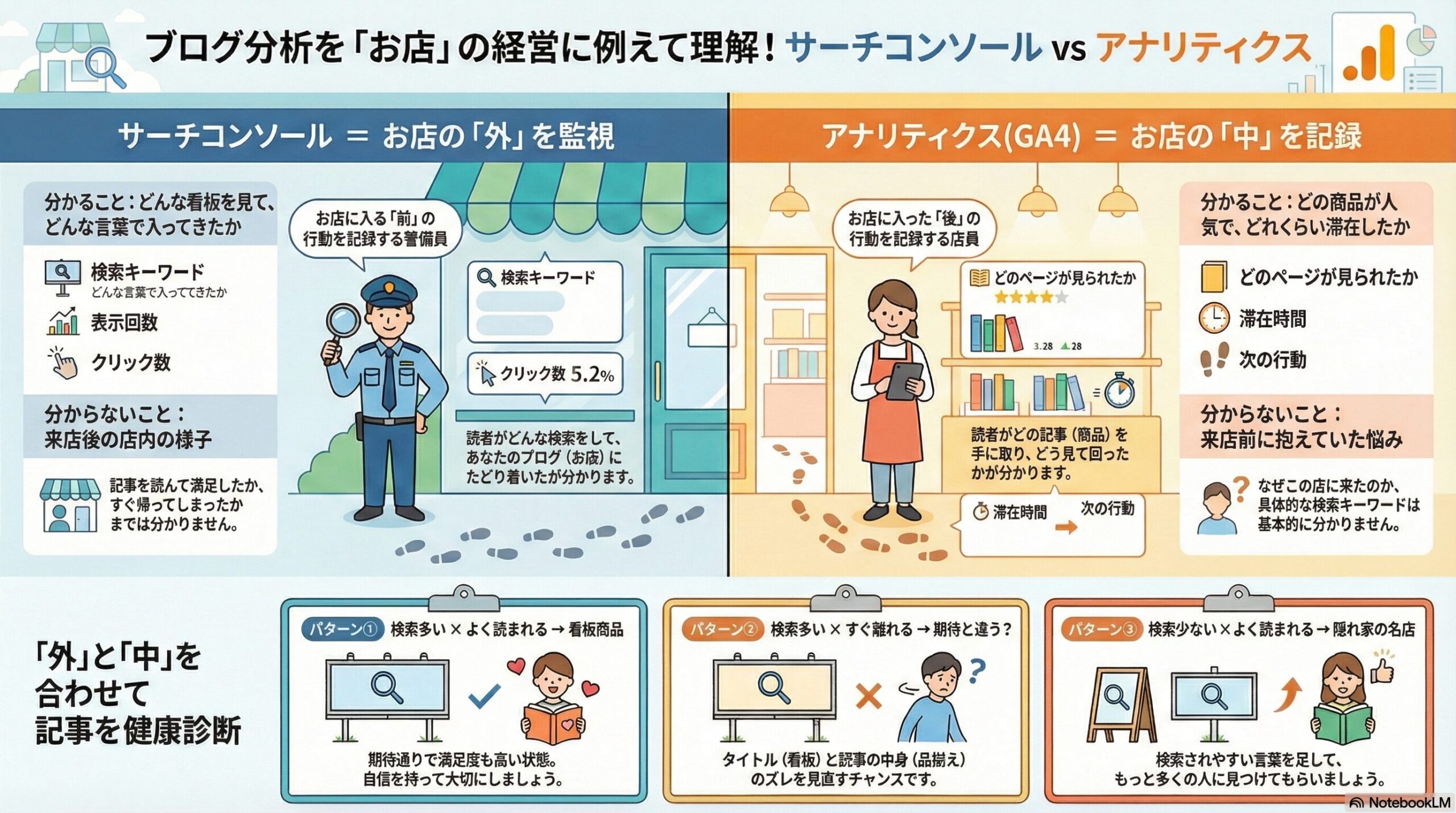 サーチコンソールとGA4の違いを、お店の『外』と『中』に例えて整理した図解