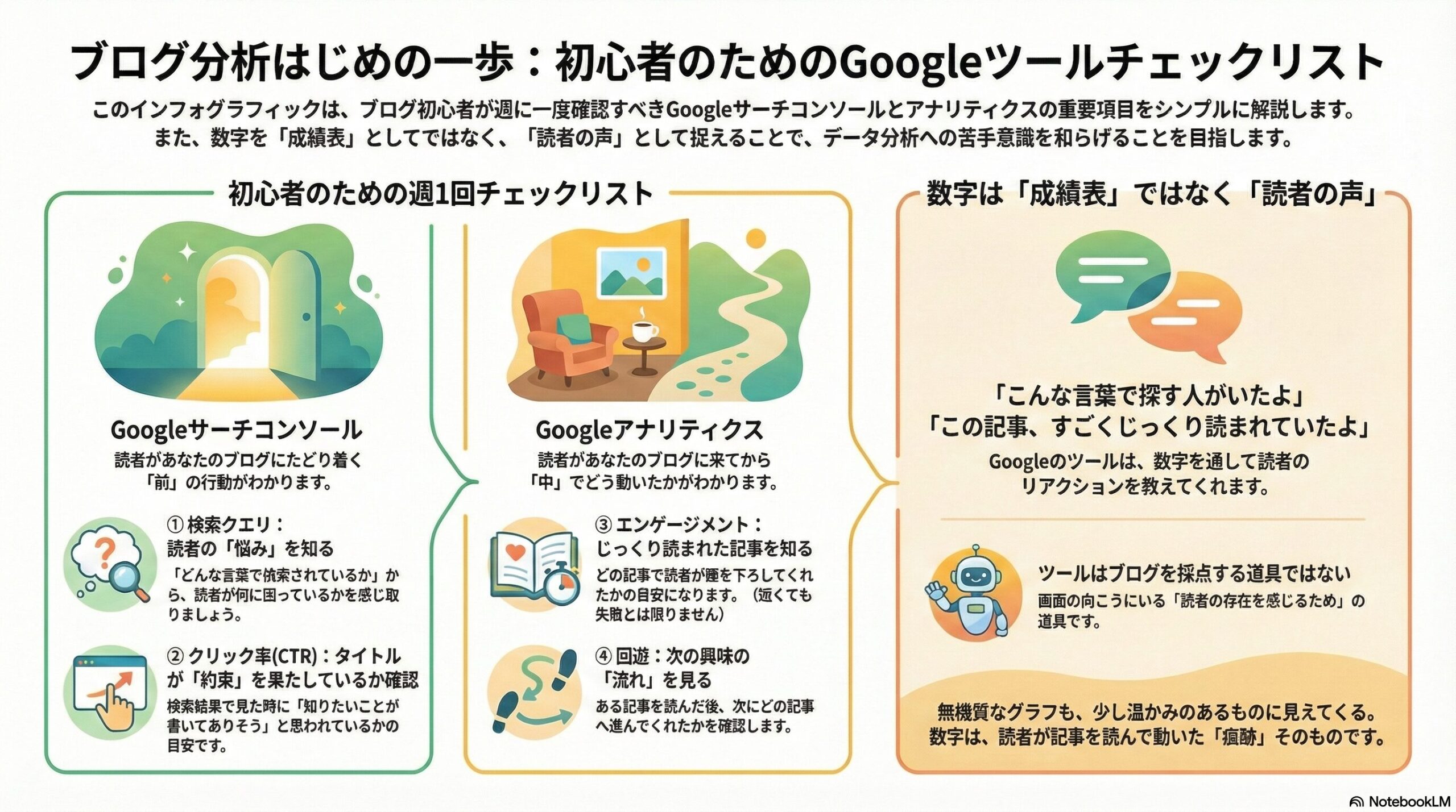ブログ初心者が週に一度確認する、GoogleサーチコンソールとGA4のシンプルなチェックリスト図解