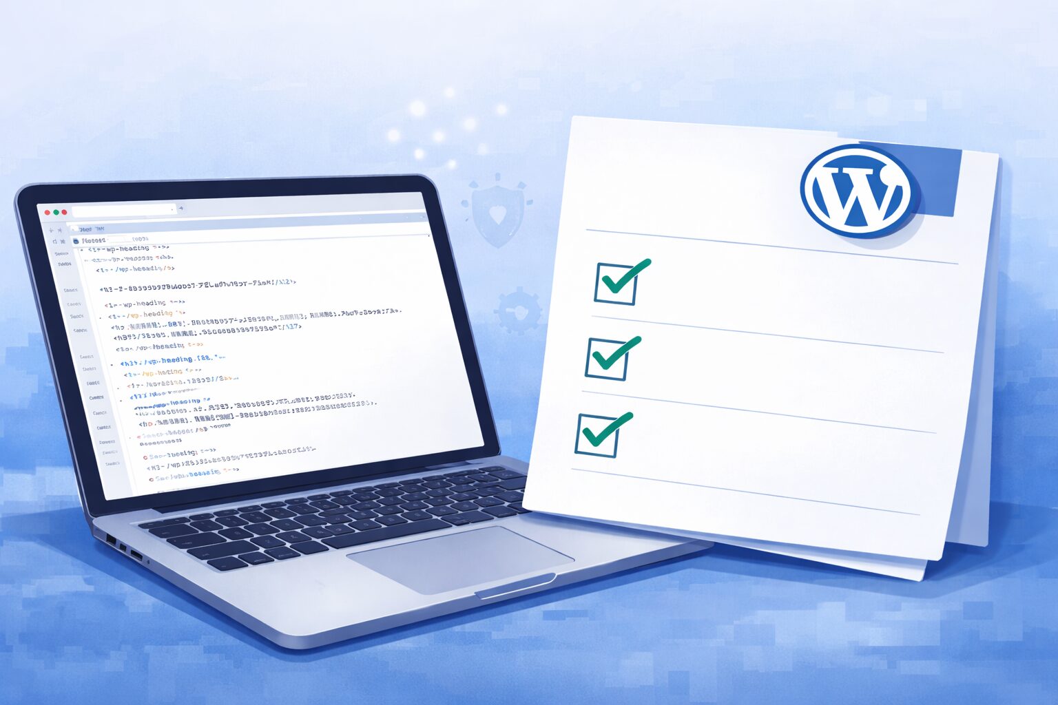 WordPressのコード画面とチェックリストの書類で、プライバシーポリシー配布を表したイラスト